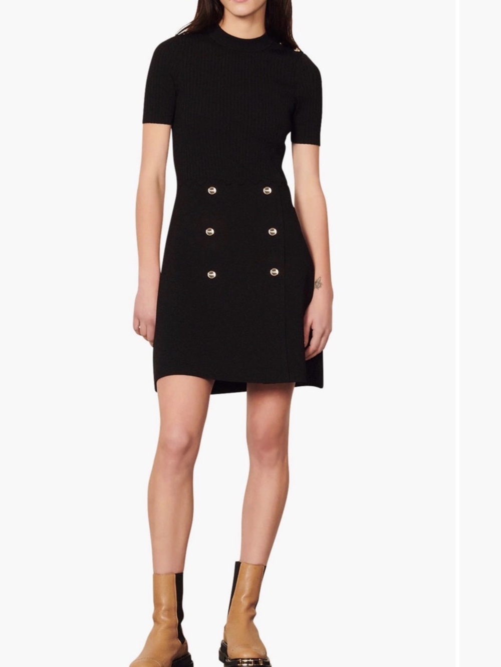 Sandro Black Short-Sleeve Knit Dress with Gold Sz 8/40